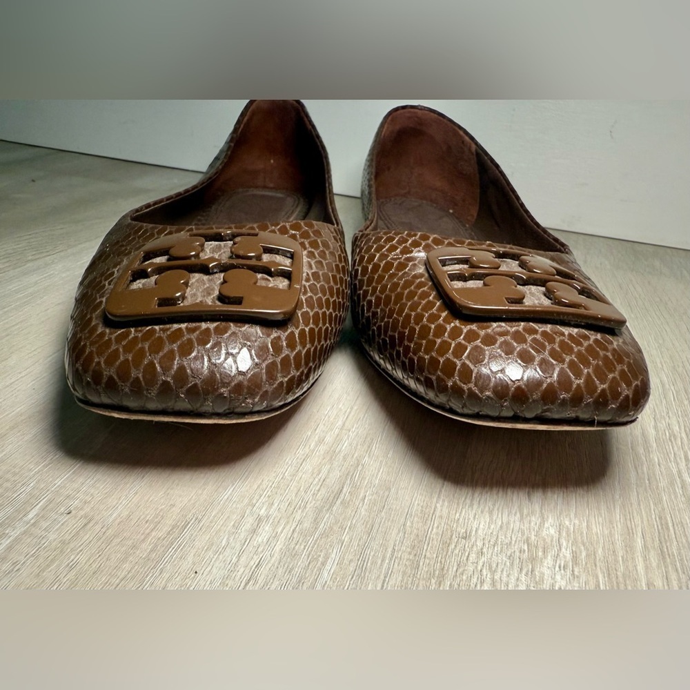 TORY BURCH Square-toe Shiny Snake Ballet Flats In Chocolate brown Sz 5.5M - Picture 3 of 7